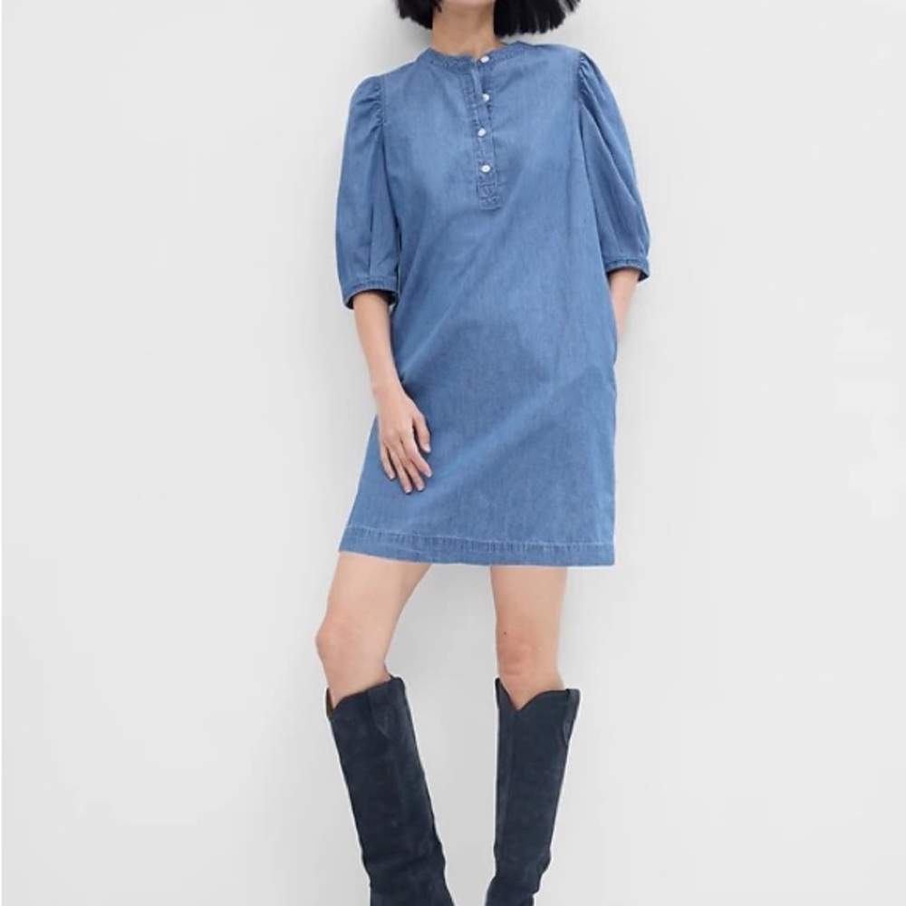 GAP Popover Cotton Denim Mini Dress Puff Sleeve Minimalist Modern Clean Beauty L